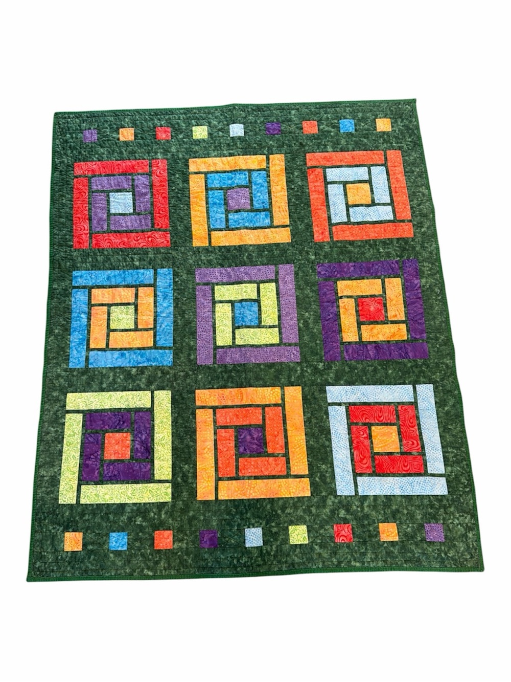 Handmade Log Cabin Lap Quilt 58 X 48 Colorful Boutique Green Throw Quilt